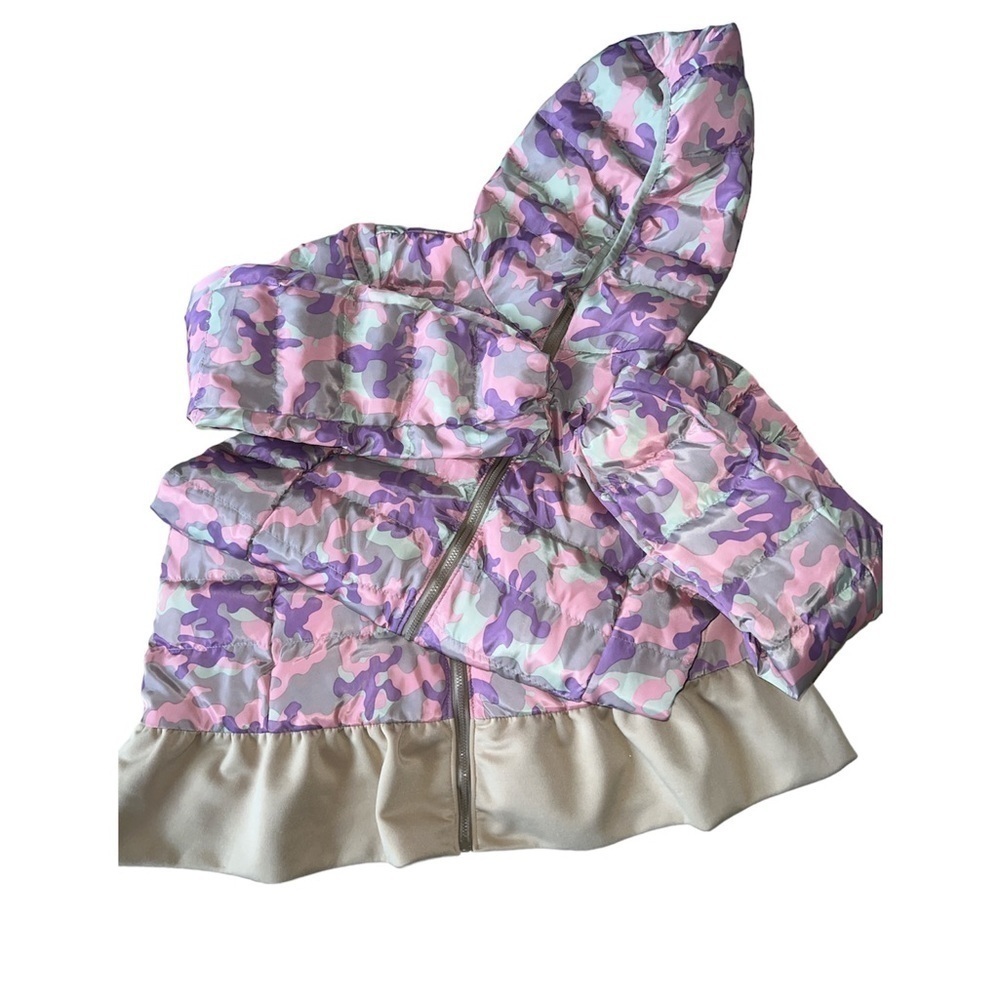 HAYDEN Girls Camo coat with bottom ruffles. Beige, pink, and purple. 13/14. NWOT